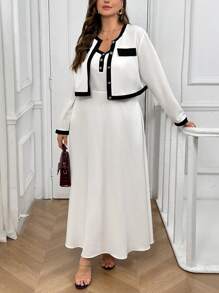 SHEIN Privé Plus Size Autumn/Winter Contrast Color Patchwork Cami Midi Dress & Cardigan 2 Pieces Set - Black and White - View 4