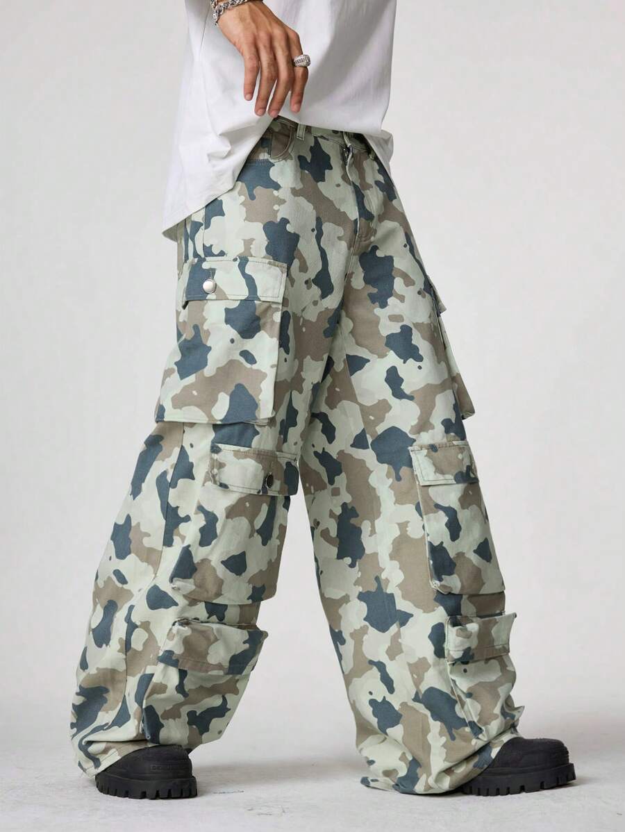 PAVTROS Pantalones vaqueros holgados de camuflaje para hombres con múltiples bolsillos, estilo callejero para cargo, para regalos de esposo o novio - Verde militar - Ver 1