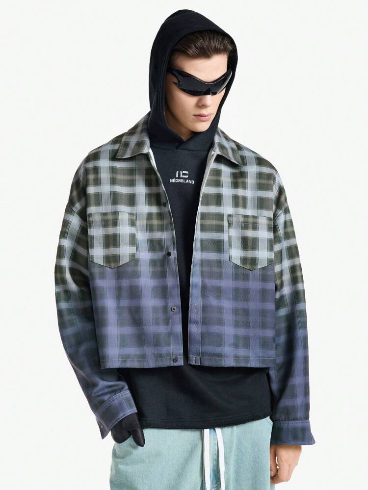 Men's Woven Casual Plaid Gradient Print Long Sleeve Shirt