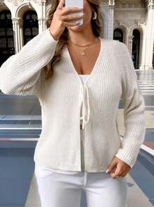 Calvaya Plus Size Solid Color Front Tie Ribbed Casual Long Sleeve Knit Cardigan - Apricot - View 6