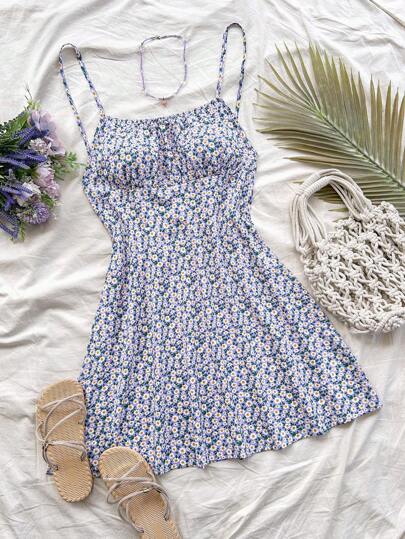 Soleia Vestido de mujer talla grande estilo boho romántico y vintage con estampado floral pequeño, con tirantes finos y espalda abierta, para la vuelta al colegio/graduación/fiestas/uso casual, para el verano