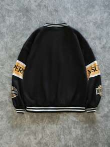 SHEIN Tween Boys' Loose Fit Printed Knit Baseball Collar Jacket