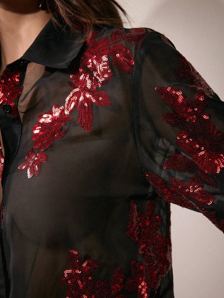French Romantic Rose Beaded Embroidery Semi-Sheer Blouse Women Shirt