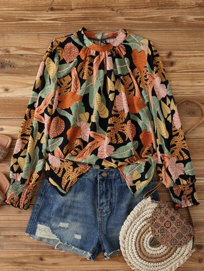 EMERY ROSE Plus Size Women's Spring/Autumn Casual Daily Commute Minimalist Vacation Ditsy Floral Gathered Cuff Round Neck Pullover Blouse, Suitable For Holiday Outfit