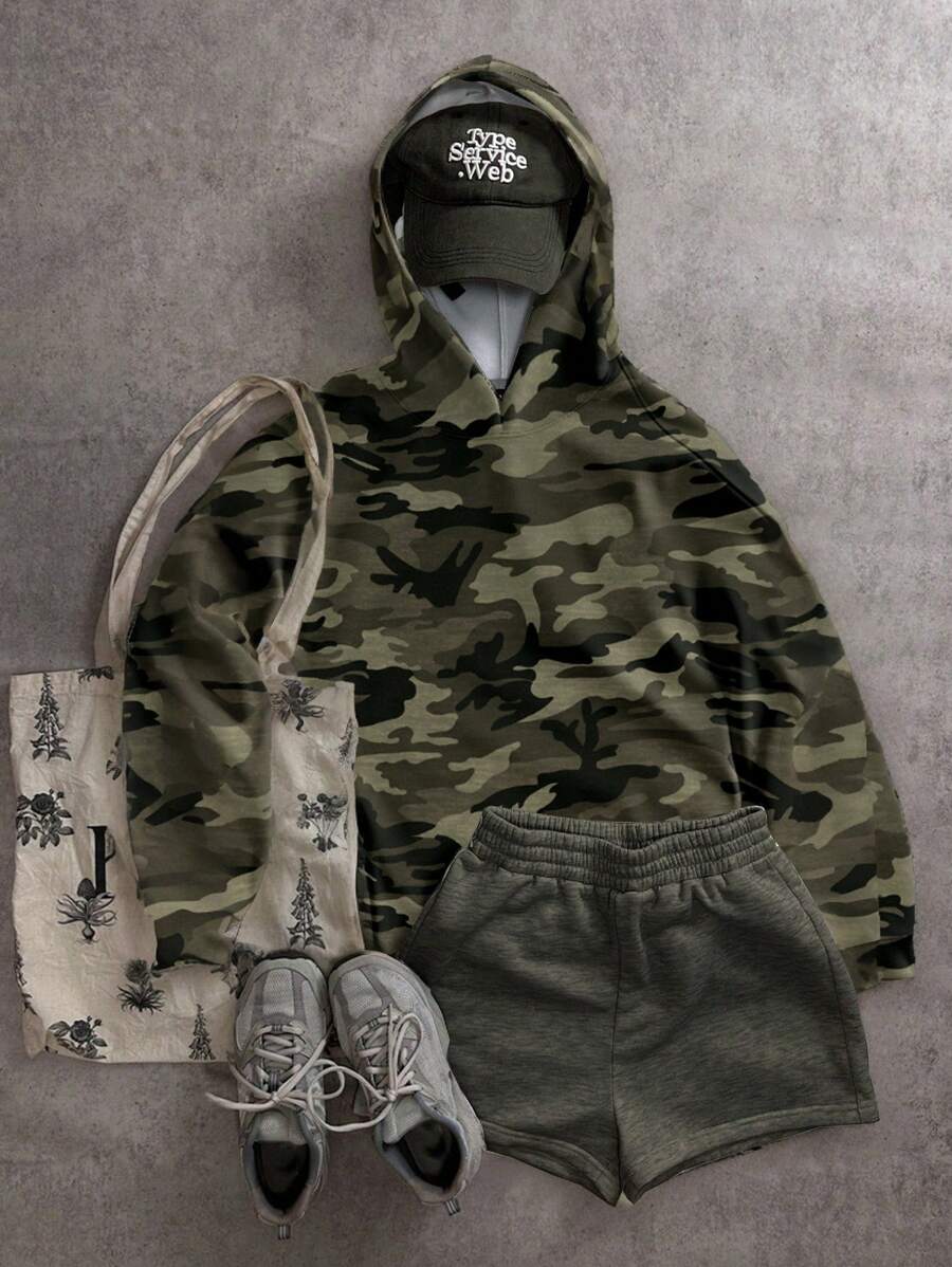 SHEIN EZwear Casual Vintage Camouflage Print Plus Size Long Sleeve Hoodie Sweatshirt, Suitable For Autumn/Winter
