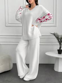 SHEIN Tall 女士粉色刺绣细节毛衣套装 - 白色 - 查看 3