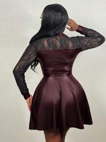 Slaydiva Gaun Bodycon PU Hitam Elegan dengan Resleting Depan dan Patchwork Renda, Potongan Hem Tinggi-Rendah, Lengan Panjang - Coffee Brown - View 2
