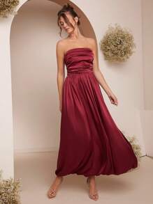 L'Amorae Robe bandeau élégante plissée de couleur unie pour femme, modèle d'été - Rouge - Voir 7