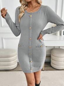 SHEIN Clasi Vestido elegante de manga larga, ajustado, con cuello redondo y abotonado, de un solo color - Gris - Ver 3