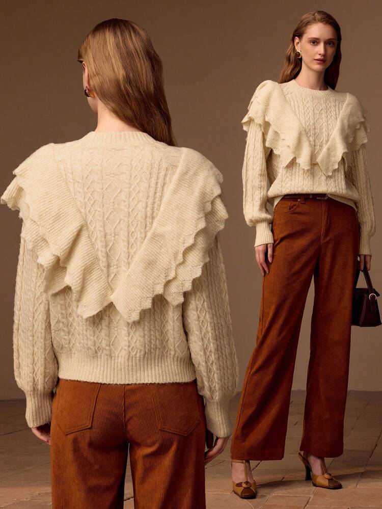 SOLID LAYERED RUFFLE TRIM CABLE KNIT SWEATER