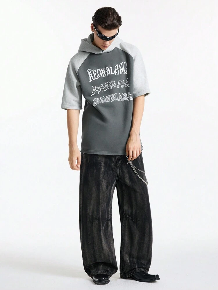 Men Cotton Raglan Sleeve 3/4 Length Sleeve Letter Print Hoodie T-Shirt, For Rapper, Grunge