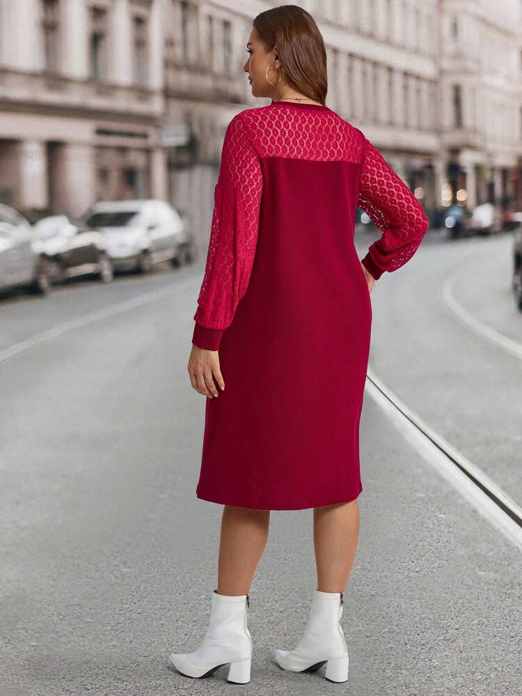 Plus Size Women's Solid Color Round Neck Contrast Lace Long Sleeve Straight Elegant Fall Dress