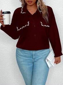 SHEIN Clasi Große Größen Einfarbige, Perlendekor-Vorderseite mit Knopfleiste, elegante Langarmbluse - Bordeaux - Übersicht 4