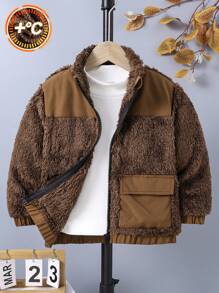 Chaqueta de manga larga con cremallera y bolsillo de unicolor de felpa para niño, para otoño/invierno