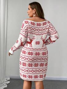 Calvaya Plus Size Christmas Deer & Snowflake Pattern Knitted Sweater Dress, For Autumn/Winter - Red and White - View 2