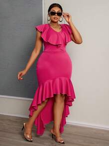 Slaydiva Plus Size Women's Yellow Ruffle Trim Asymmetric Hem Fitted Long Dress, Elegant For Party, Occasion And Date Night, Spring/Summer - Hot Pink - View 5