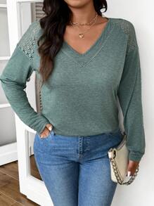 SHEIN Frenchy Áo thun cổ chữ V màu xanh lá cây cỡ lớn đơn giản, đơn giản, rộng rãi, ren, màu trơn - xanh quân đội - Xem 5