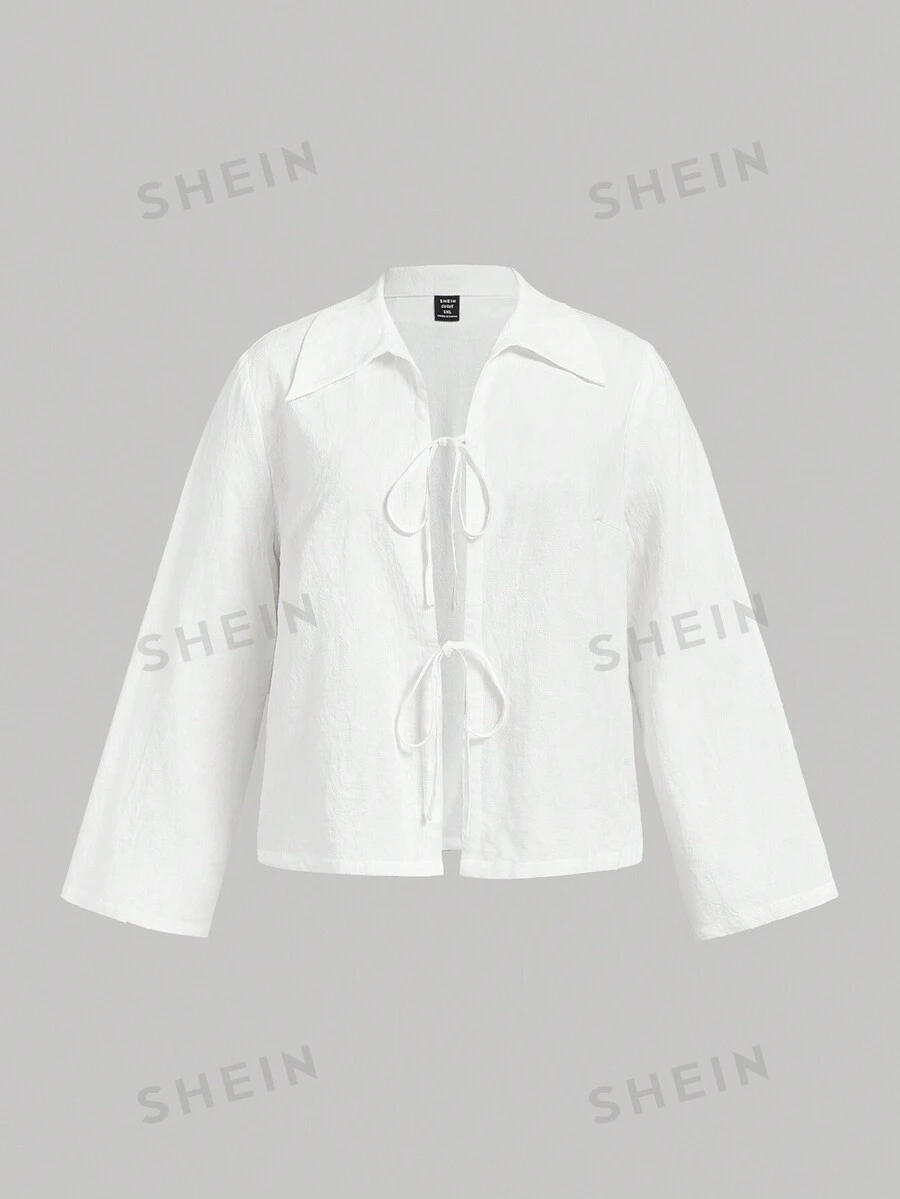 SHEIN MOD Camisa casual de mujer talla grande con nudo delantero en blanco, adecuada para otoño/invierno