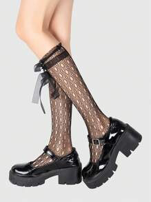 ROMWE Goth 1 双女式可爱、基本款、Y2K、蕾丝、网眼、蝴蝶结、荷叶边/褶边洛丽塔蝴蝶渔网中筒袜，适合休闲、派对、学校 - 黑色 - 查看 7