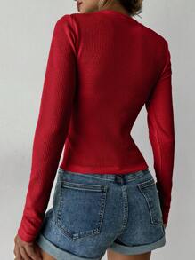 SHEIN PETITE 女款休閒愛心刺繡修身長袖T恤，秋季可愛紅色上衣紅色長袖上衣，小碼女款 - 紅色 - 查看 2