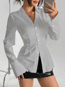 SHEIN Unity 收腰前扣休闲长袖纯色衬衫 - 灰色 - 查看 1