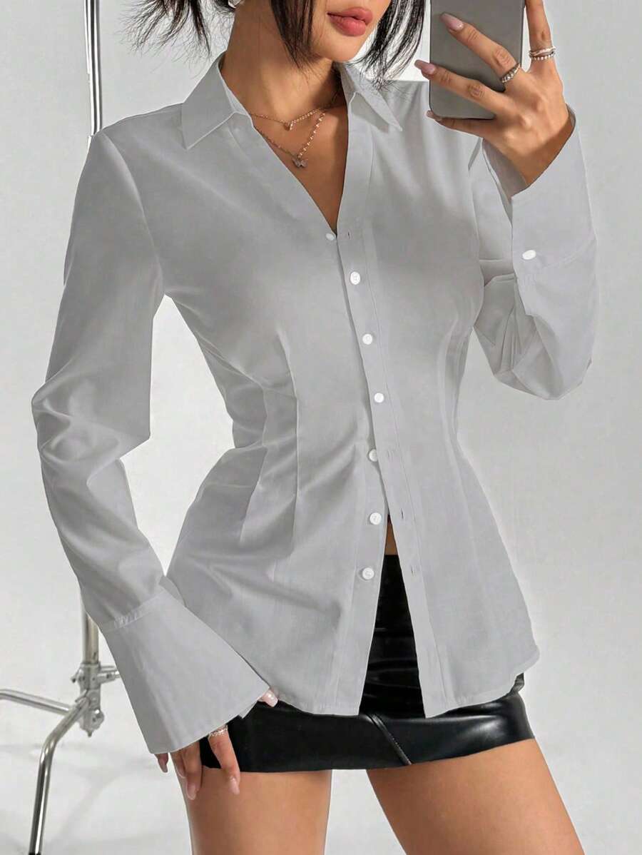 SHEIN Unity 收腰前扣休闲长袖纯色衬衫 - 灰色 - 查看 1