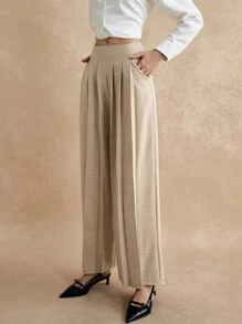 Poéselle Women's Solid Color Pleated Pocket Minimalist Office Pants, Casual Wear