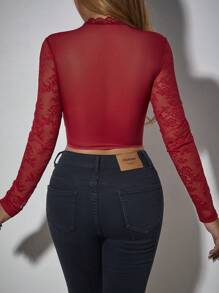 Allurite 1 pieza Blusa de manga larga lisa con cuello de encaje, informal para mujer
