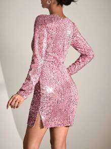 EURMUSE WOMAN SHORT PINK BODYCON DRESS WITH SEQUINS - Pink - View 2