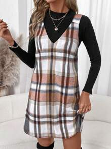 SHEIN Clasi Winter Elegant Casual Street Style Houndstooth Suspender Retro Plaid Pattern Dress For Women - Multicolor - View 1