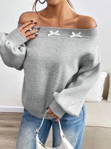 INAWLY 女士蝴蝶结露肩长袖休闲运动衫 - 淺灰色 - 查看 5