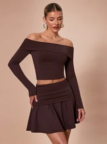 SHEIN BAE Bộ đồ 2 món: Áo trễ vai tay dài màu trơn & Chân váy xếp ly ngắn, Thích hợp cho tiệc cocktail, hẹn hò lãng mạn, mặc nhiều lớp mùa thu/đông, tụ họp, phù dâu cưới, đi chơi đêm, Halloween, Giáng sinh - Cà phê nâu - Xem 4