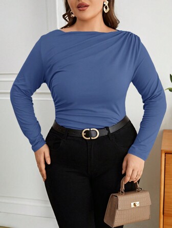 SHEIN Privé Plus Size Plain Pleated Crew Neck Casual Long Sleeve T-Shirt