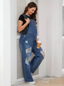 SHEIN Casual Distressed Maternity Denim Bib Overalls - Medium Wash - View 3