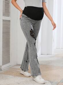 SHEIN Maternity Solid Color Patchwork Ripped Elastic Flare Jeans
