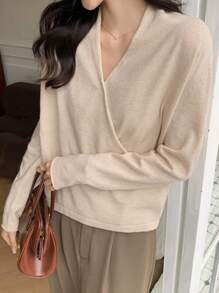 DAZY كنزة صوفية صوفية أنيقة وأنيقة بياقة على شكل V وأكمام طويلة، لون أحادي، تفاف متقاطع، للموسم الخريفي