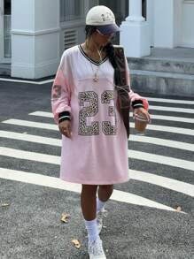 SHEIN EZwear 女士新款豹纹印花和数字图案运动衫连衣裙 - 粉色 - 查看 3