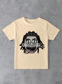 INAWLY 女士卡通印花圆领短袖休闲 T 恤 - 卡其色 - 查看 1