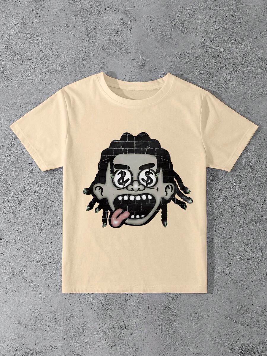 INAWLY 女士卡通印花圆领短袖休闲 T 恤 - 卡其色 - 查看 1