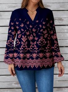 Glamance Beatriz Santos Women Navy Blue Plus Size Blouses Short Sleeve Notched Boho Plain,All Over Print, Summer Outfits For Women Summer Tops Going Out