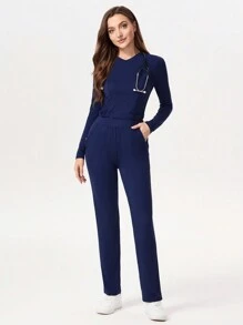 SHEIN TaskFit 纯色 V 领口袋长袖上衣和紧身裤 护理手术服套装 V 领定制上衣和抽绳直筒休闲裤，手术服套装 手术服套装 护士连衣裙 手术服上衣 手术服下装 实验室外套 手术服外套 - 彩色 - 查看 7