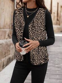 SHEIN Clasi Women's Leopard Print Sleeveless Padded Padded Coat Clothes Winter - Apricot - View 5