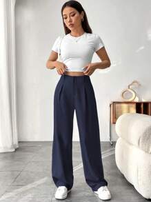 SHEIN PETITE Quần ống đứng công sở màu trơn có túi thanh lịch cho nữ - Màu xanh hải quân - Xem 4