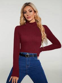 SHEIN Tall Women's Solid Color Stand Collar Long Sleeve Simple T-Shirt Daily Leisure - Burgundy - View 4