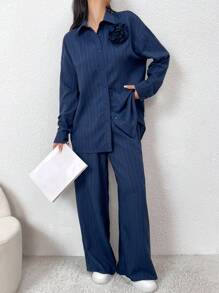 Mulvari 2pcs Women Solid Color Front Button Floral Applique Long Sleeve Top And Pants Casual Suit