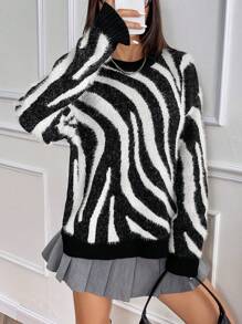 Chiquease Suéter casual de mujer con estampado de cebra, cuello redondo, contraste de color, textura esponjosa, para otoño/invierno