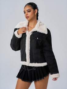 SHEIN ICON Jaqueta Feminina Casual Simples Em Jeans Com Mangas Compridas E Detalhes, Ideal Para O Natal E O Dia De Ação De Graças, Perfeita Para Uso Diário. - Preto - Ver 7