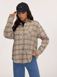 SHEIN BASICS Casual Woven Plaid Lapel Long Sleeve Loose Fit Women Blouse - Khaki - View 3
