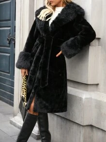 SHEIN LUNE Fashionable High-End Fluffy Coat - Black - View 6