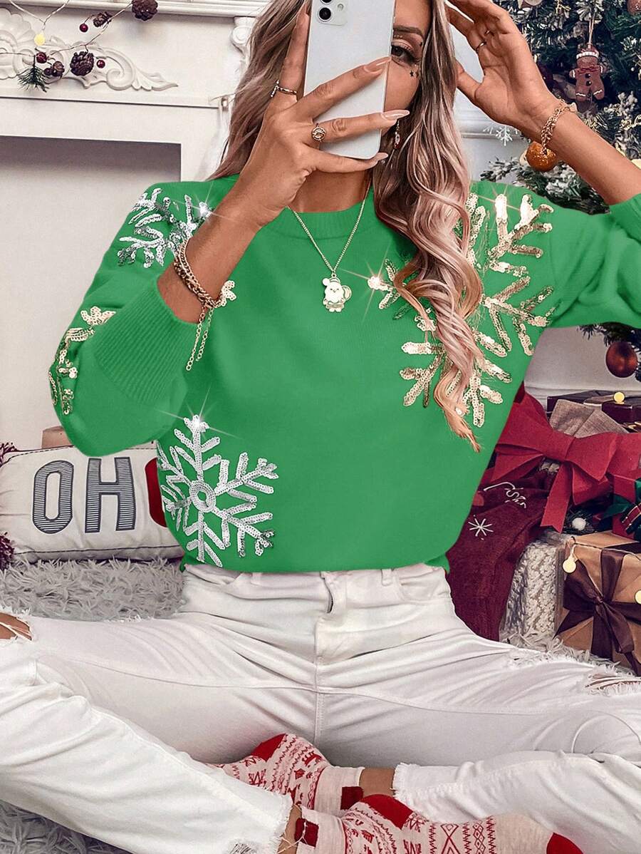 SHEIN LUNE Women Casual Daily Christmas Sequin Snowflake Pattern Sweater, Autumn/Winter Knit Pullover Fall Outfit